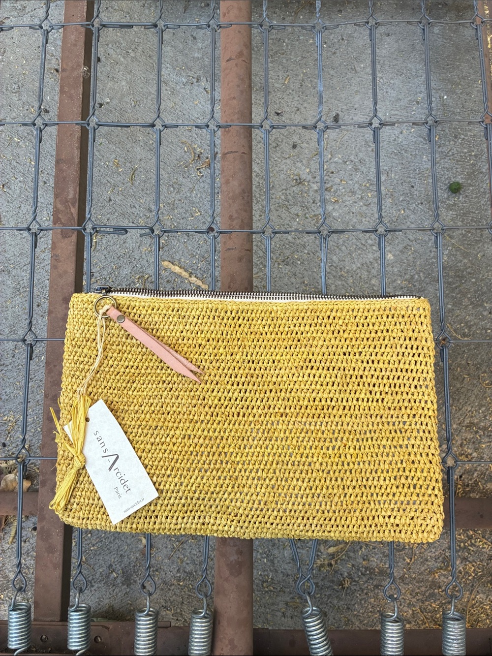 Sans Arcidet Paris River Pocket Mimosa Medium Raffia Clutch NWT